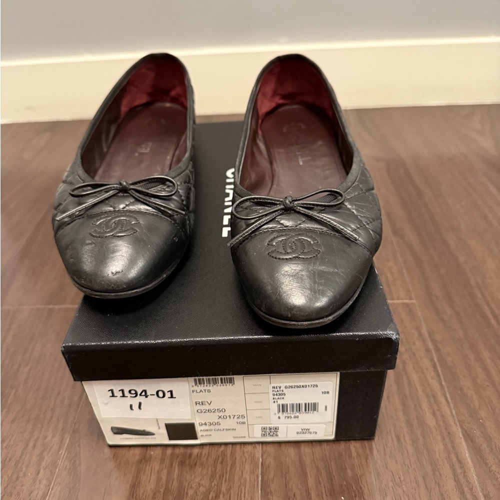 Chanel Black Leather Ballet Flats
